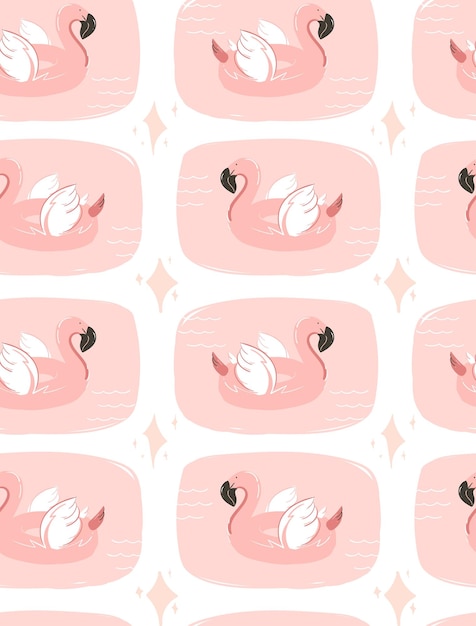 Ручной рисунок вектор абстрактный мультфильм летнее время весело поп-иллюстрация бесшовный узор с розовым фламинго буй поплавок круг изолирован на белом фоне
