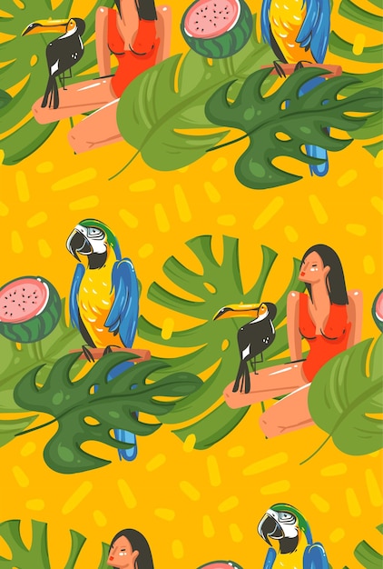 Ручной рисунок вектор абстрактный мультфильм летнее время графические украшения иллюстрации искусство бесшовный узор с экзотическими тропическими лесами попугай ара птица и пляжная девушка изолированы на желтом фоне