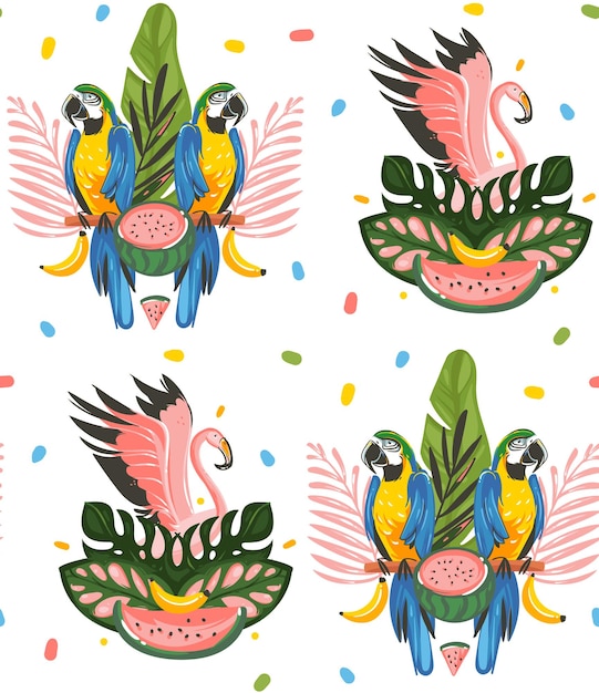 Hand drawn vector abstract cartoon summer time graphic decoration illustrations art seamless pattern with exotic tropical rainforest pink flamingo and Parrot Macaw birds isolated on white background