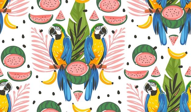 hand drawn vector abstract cartoon summer time graphic decoration illustrations seamless pattern with exotic tropical rainforest parrot macaw birdswatermelon and banana isolated on white background