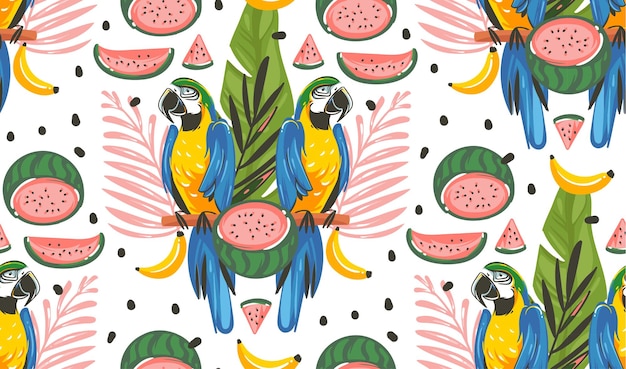 Hand drawn vector abstract cartoon summer time graphic decoration illustrations seamless pattern with exotic tropical rainforest parrot macaw birdswatermelon and banana isolated on white background