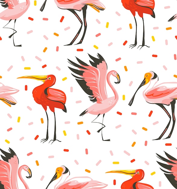 Hand drawn vector abstract cartoon summer time graphic illustrations artistic seamless pattern with exotic tropical birds flamingoscarlet ibisroseate spoonbill isolated on white background