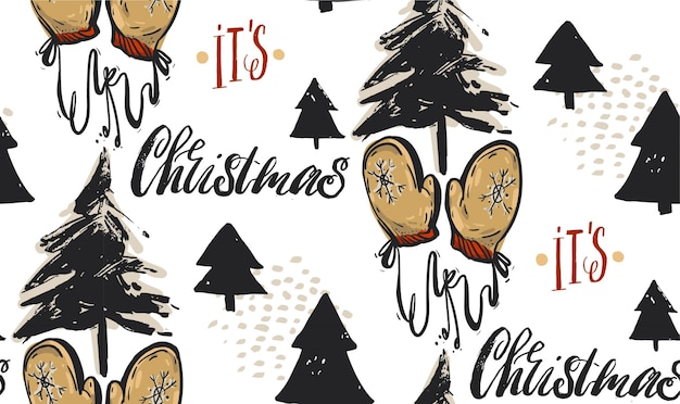 손으로 그린된 벡터 추상 크리스마스 인사말 완벽 한 패턴 크리스마스 Treehandwriting 현대 서 예 C 단계 그것은 S 크리스마스와 크리스마스 장갑 흰색 배경에 고립