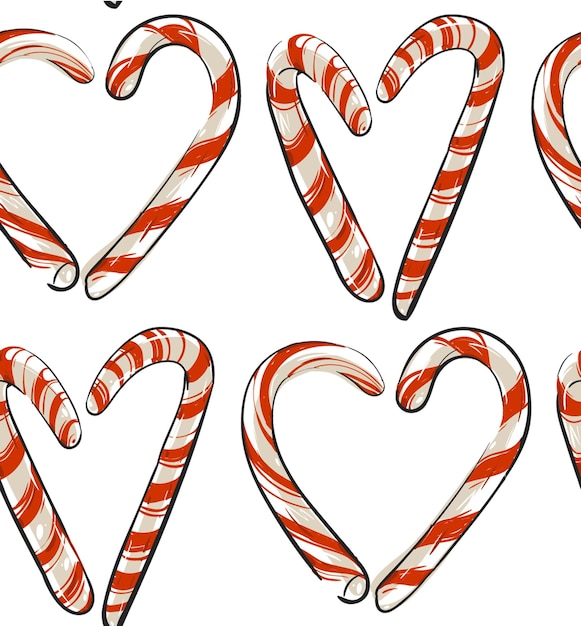 Vector hand drawn vector abstract christmas seamless pattern with candy canes in heart shape isolated on white backgroundchristmas menu designhappy new year and merry christmas conceptwrapping papper