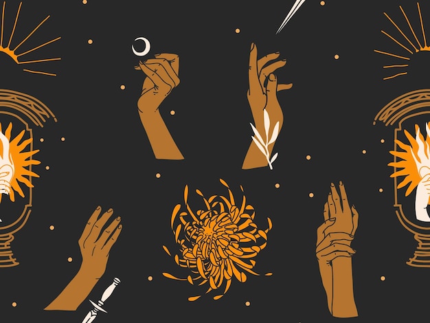 Vector hand drawn vector abstract flat stock graphic illustration sketch seamless pattern with human handschrysanthemum mystic occult sun and moon phasessimple collage shapes isolated on black background