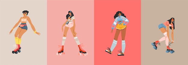 Нарисованные вручную векторные абстрактные плоские современные графические современные иллюстрации набор символов коллекции молодых счастливых ретро винтажных женщин на роликовых конькобежцах дискотека party90s женский винтажный элемент