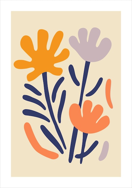 꽃과 손으로 그린 벡터 추상 꽃 배경 스칸디나비아 스타일 카드