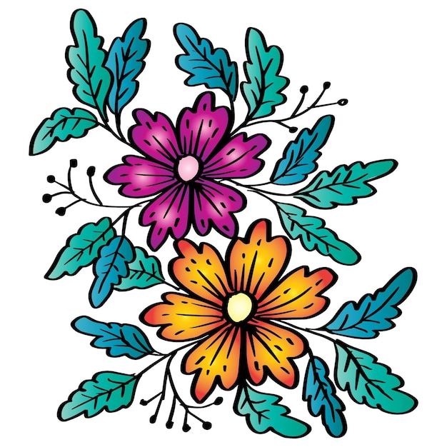 花と葉の手描きのベクトル抽象的な花のイラスト ドードルスタイル