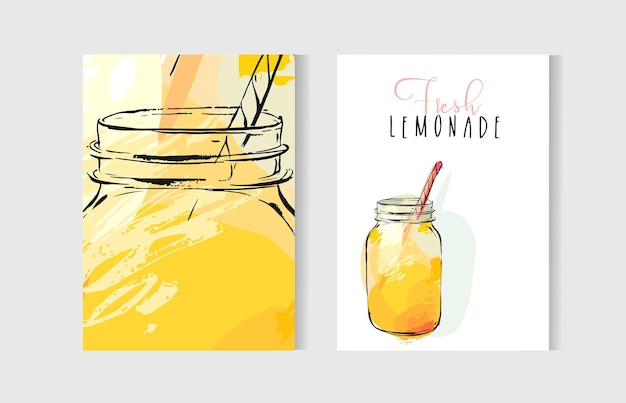 Hand drawn vector abstract freehand textured unusual cooking cards set template with lemonade glass jar in yellow colors isolated on white background