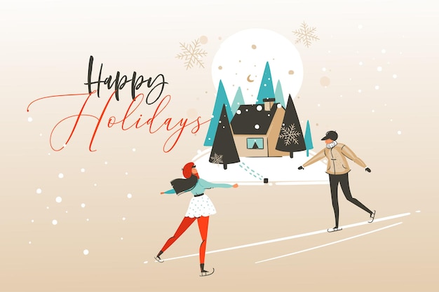 Vector hand drawn vector abstract fun merry christmas time cartoon illustration greeting card with happy xmas girl and boy ice skating in the forest with happy holidays text isolated on craft background