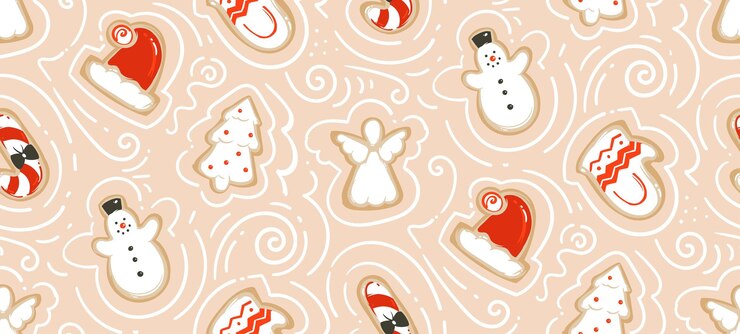 Hand drawn vector abstract fun Merry Christmas time cartoon illustration seamless pattern with baked gingerbreads cookies isolated on craft paper background.
