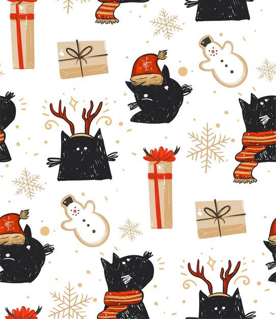 Ручной обращается вектор абстрактные развлечения веселого рождества мультфильм деревенский праздничный бесшовный фон с милыми иллюстрациями праздник черных кошек и сюрприз подарочные коробки, изолированные на белом фоне.