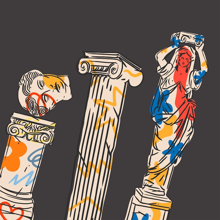 Vector hand drawn vector abstract graphic antique ancient sculpture statues and column line art modern