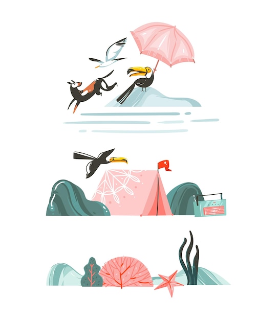 Hand drawn vector abstract graphic cartoon summer time flat illustrations borders collection set beah scenes with camping tentdogtoucan birds and umbrella isolated on white background