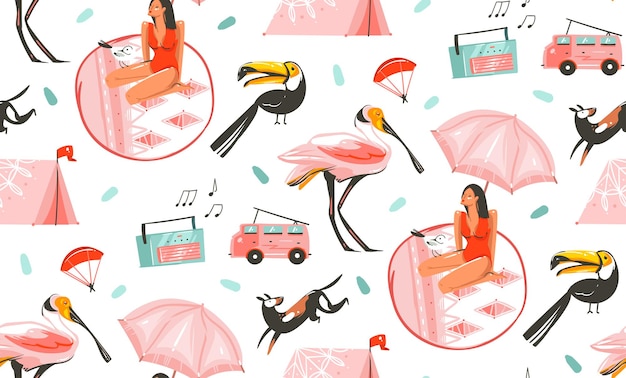 Vector hand drawn vector abstract graphic cartoon summer time flat illustrations seamless pattern with camping tentdogtoucanrecord playercar and beauty girl under umbrella isolated on white background