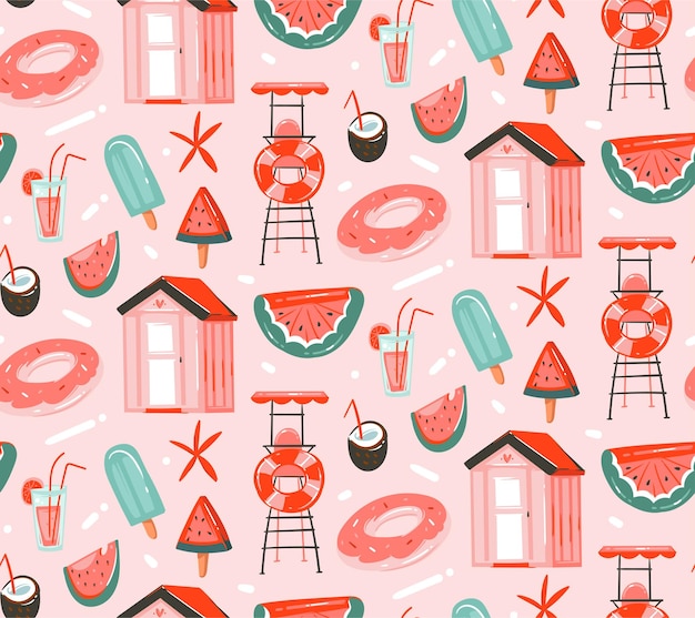 hand drawn vector abstract graphic cartoon summer time flat illustrations seamless patterns with cocktailswatermelons float and ice cream and beach cabin isolated on pink pastel background