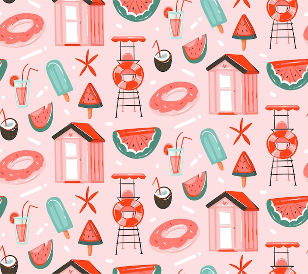 Hand drawn vector abstract graphic cartoon summer time flat illustrations seamless patterns with cocktailswatermelons float and ice cream and beach cabin isolated on pink pastel background