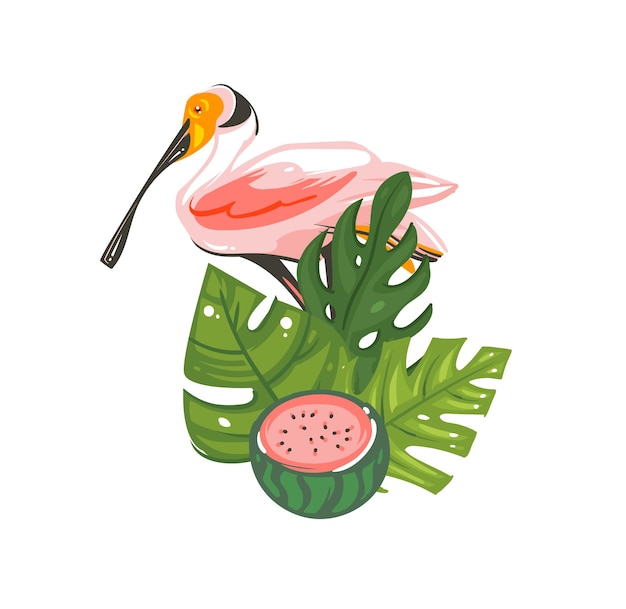 Hand drawn vector abstract graphic cartoon summer time flat illustrations sign with tropical birds tropical palm leaves and watermelon isolated on white background