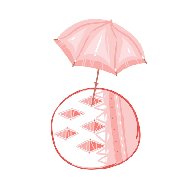 Vector hand drawn vector abstract graphic cartoon summer time flat illustrations with pink pastel colored beach umbrella and bohemian carpet isolated on white background