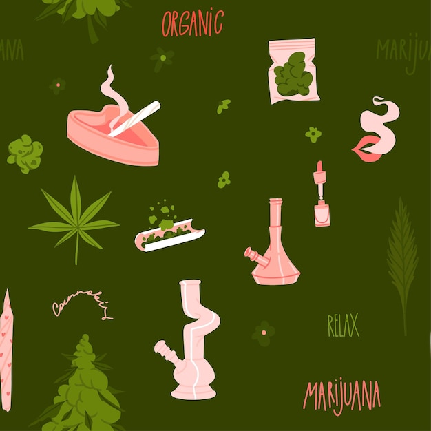 Vector hand drawn vector abstract graphic clipart illustration of medical marijuanasmoking accessorieshemp and joint for smokingcannabis and weed legalization concept designtrendy seamless pattern design