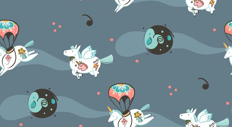 Vector 手描きのベクトル抽象的なグラフィッククリエイティブな漫画イラスト宇宙飛行士ユニコーンと古い学校のtattoocometsと暗い背景に分離された宇宙の惑星とのシームレスなパターン