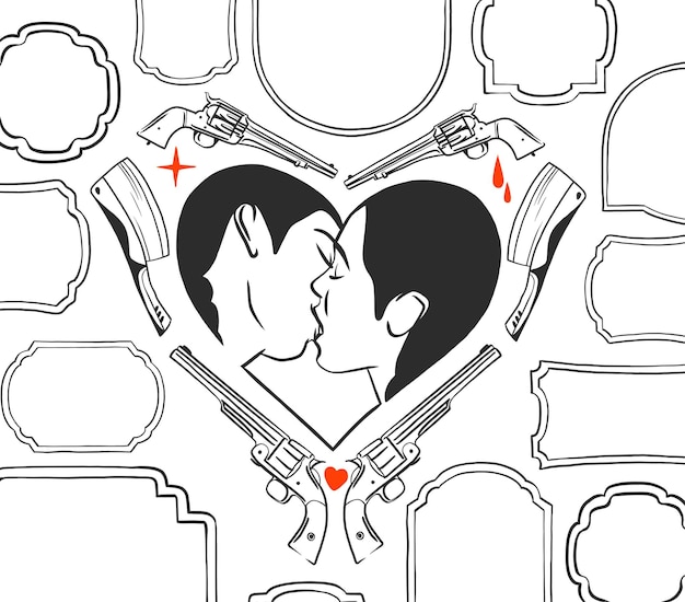 Vector hand drawn vector abstract graphic illustration valentines day cards template lesbian kissing couple portrait set in heart silhouettelgbt couple kissing togethervalentines beautiful design concept