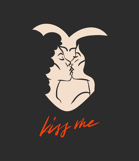 Illustrazione grafica astratta di vettore disegnato a mano modello di carte di san valentino lesbica baciare coppia ritratto ambientato nel cuore silhouetteamore coppia baciare insiemesan valentino bellissimo concetto di design