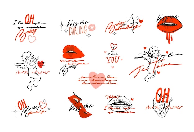 Vector hand drawn vector abstract graphic illustration valentines day design element setabstract love letteringtext and quoteslove design concept outline iconvalentines beautiful design concept isolated