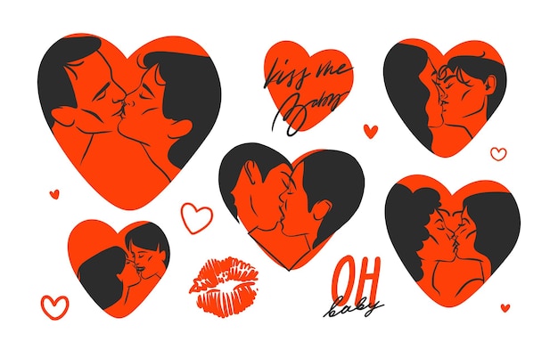 Vector hand drawn vector abstract graphic illustration valentines day designwith drawing kissing couple portrait set in heart silhouettelove couple kissing togethervalentines day beautiful design concept