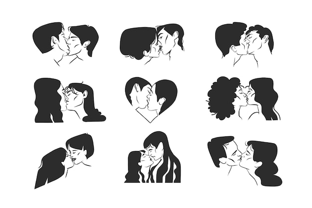 Hand drawn vector abstract graphic illustration Valentines day designwith drawing kissing couple portraits collectionoutlineLove couple kissing togetherValentines day beautiful design concept