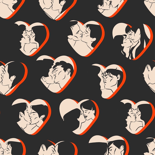 Ручная рисованная векторная абстрактная графическая иллюстрация День святого Валентина рисунок целующиеся пары бесшовный узор в сердцахЛюбовная пара целуется вместеВалентин лгбт концепция дизайнаЛгбт пара концепция
