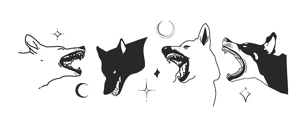 Ручная рисованная векторная абстрактная графическая иллюстрация с элементом логотипа готическая злая морда собачьей головы линия в простом стиле для брендинга изолированный ретро 2000 года концепция дизайна силуэт силуэт собаки портрет