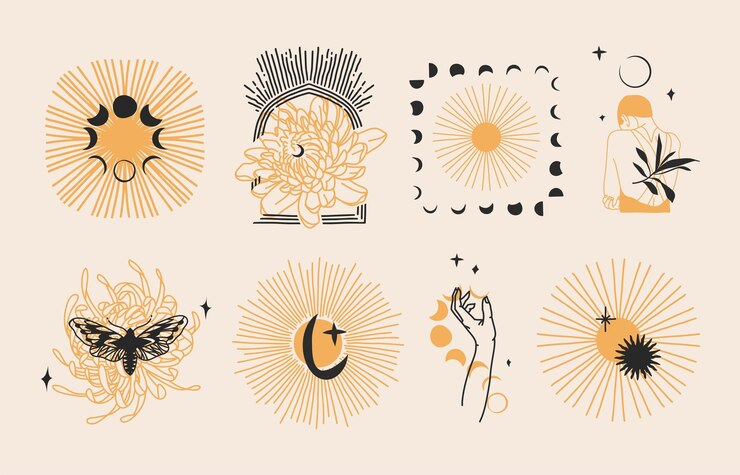 Hand drawn vector abstract graphic illustrations celestial design concept with logo magic line silhouette set of mystic flying butterflymothsun and moon phase isolated Magic drawing butterfly icon