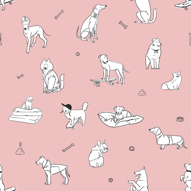 Hand drawn vector abstract graphic line art seamless pattern with diverse cute cartoon dogs charactersVector illustration of funny cartoon different breeds dogs in trendy flat style Line dog icon