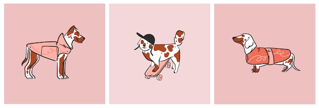 Vettore collezione di linee grafiche astratte vettoriali disegnate a mano con diversi personaggi di cani simpatici e divertenti dei cartoni animati