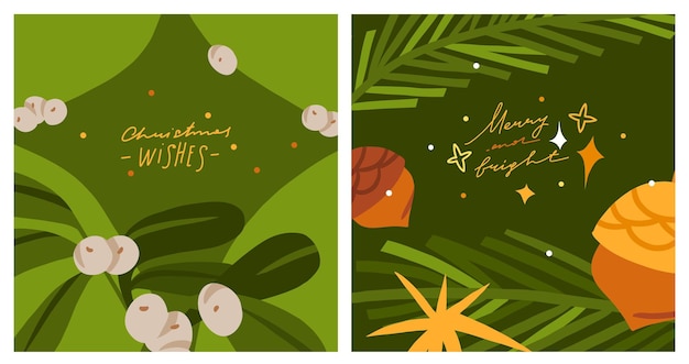 Hand drawn vector abstract graphic Merry Christmas and Happy new year clipart illustrations greeting card set with flowers and leavesMerry Christmas cute floral design backgroundWinter holiday art