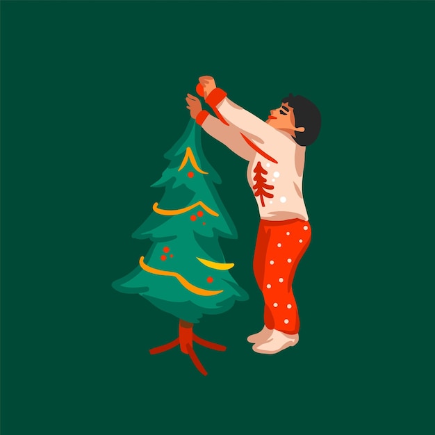 Ручная рисованная векторная абстрактная графика С Новым годом и Рождеством иллюстрации поздравительная открытка с маленьким мальчиком, украшающим рождественское зеленое дерево С Рождеством милый дизайн фоновой концепции карты