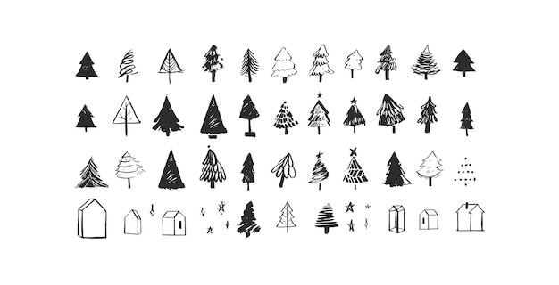 Hand drawn vector abstract graphic Merry Christmas and Happy new year texturedcute ink xmas tree simple illustrations collection set isolatedModern Merry Christmas design concept artChristmas tree
