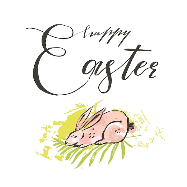 Hand drawn vector abstract graphic scandinavian collage Happy Easter cute simple bunny illustrations greeting card and handwritten modern calligraphy Happy Easter isolated on white background