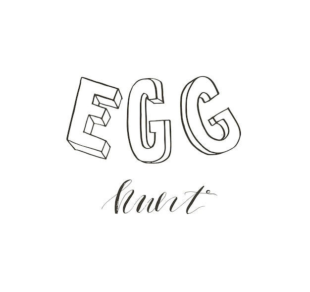 Vector hand drawn vector abstract graphic scandinavian happy easter cute greeting card template with egg hunt handwritten calligraphy phases text isolated on white background