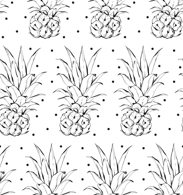 Hand drawn vector abstract graphic simple small pineapple pattern with polka dots texture isolated on white background