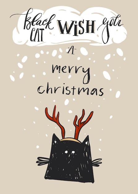 Hand drawn vector abstract Merry Christmas greeting card template with cute black cat character in deer antler and modern calligraphy phase Black cat wish you a Merry Christmas