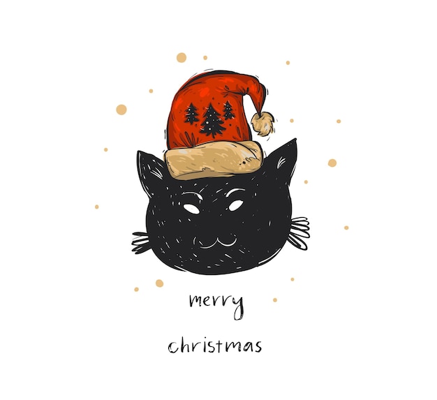 Ручной обращается вектор абстрактный счастливого рождества мультфильм каракули праздничный шаблон иллюстрации карты с праздником черный кот в шляпе санта-клауса и рукописной каллиграфии, изолированные на белом фоне.