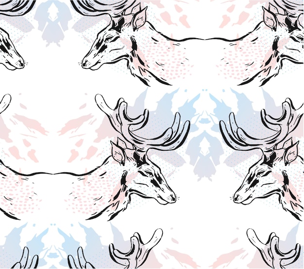 Vector hand drawn vector abstract mirror christmas seamless pattern with graphic reindeers in pastel colors isolated on white backgroundwinter holidays pattern conceptchristmas fashion pattern