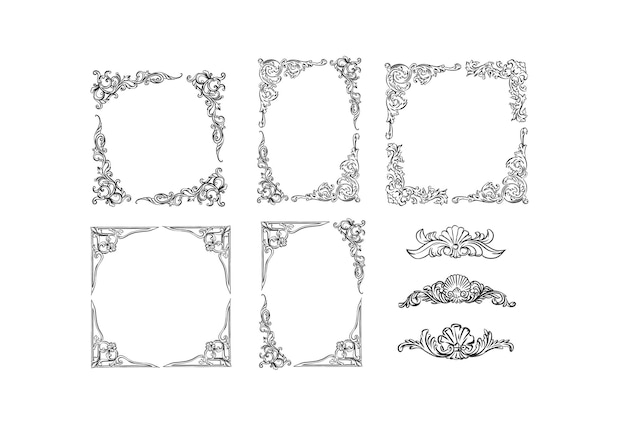 Vector hand drawn vector abstract outline graphic line art vintage baroque ornament floral frames set in