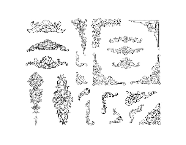 Vector hand drawn vector abstract outline graphic line vintage baroque ornament floral borders set in