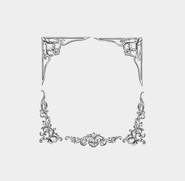 Vector hand drawn vector abstract outline graphic line vintage baroque ornament floral frame in