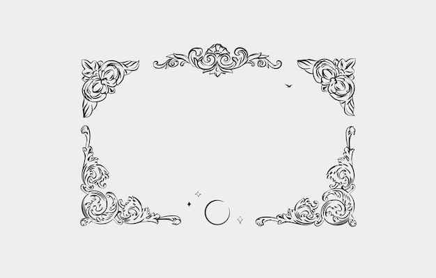 Vector hand drawn vector abstract outline graphic line vintage baroque ornament floral frame in
