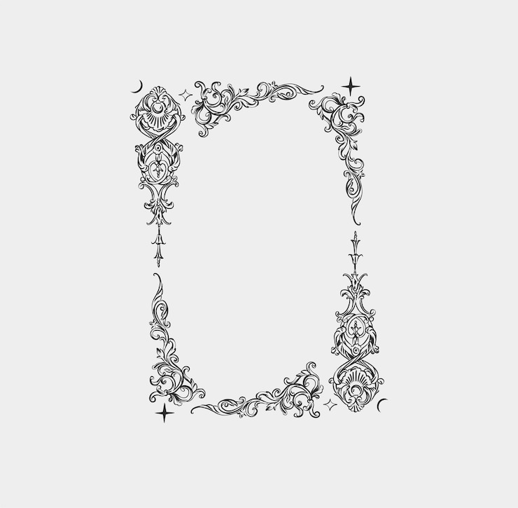 Hand drawn vector abstract outline graphic line vintage baroque ornament floral frame in