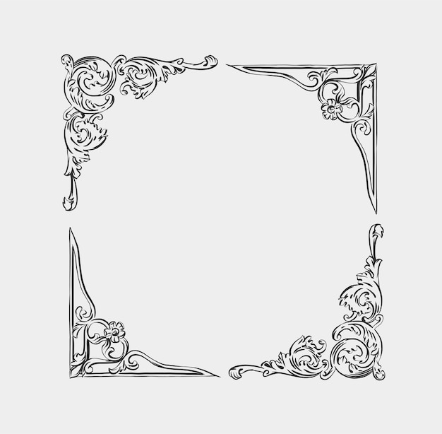 Ручной рисунок векторного абстрактного контураГрафическое искусство винтажный орнамент в стиле барокко цветочная рамка в минималистичном современном стилеКонцепция дизайна в стиле барокко цветочный винтажный контурВекторная антикварная рамка изолирована